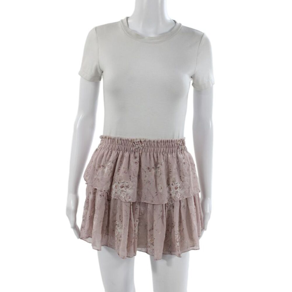 Love Shack Fancy Women Peasant Floral Mini Skirt Beige Silk Polyester Size S